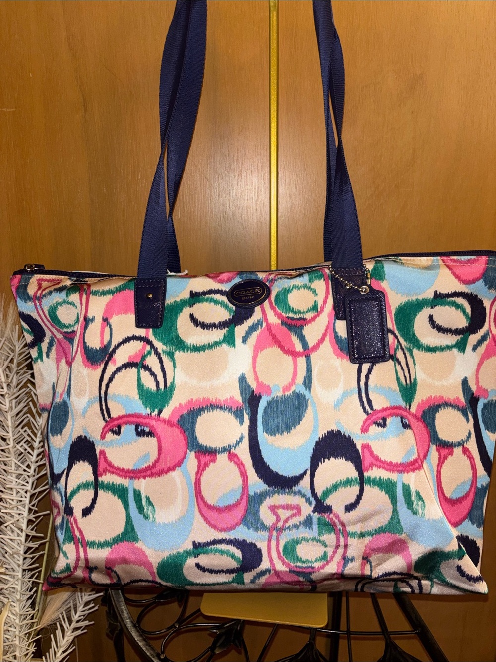 Coach Multicolor Signature Circle Print Tote with Navy Straps